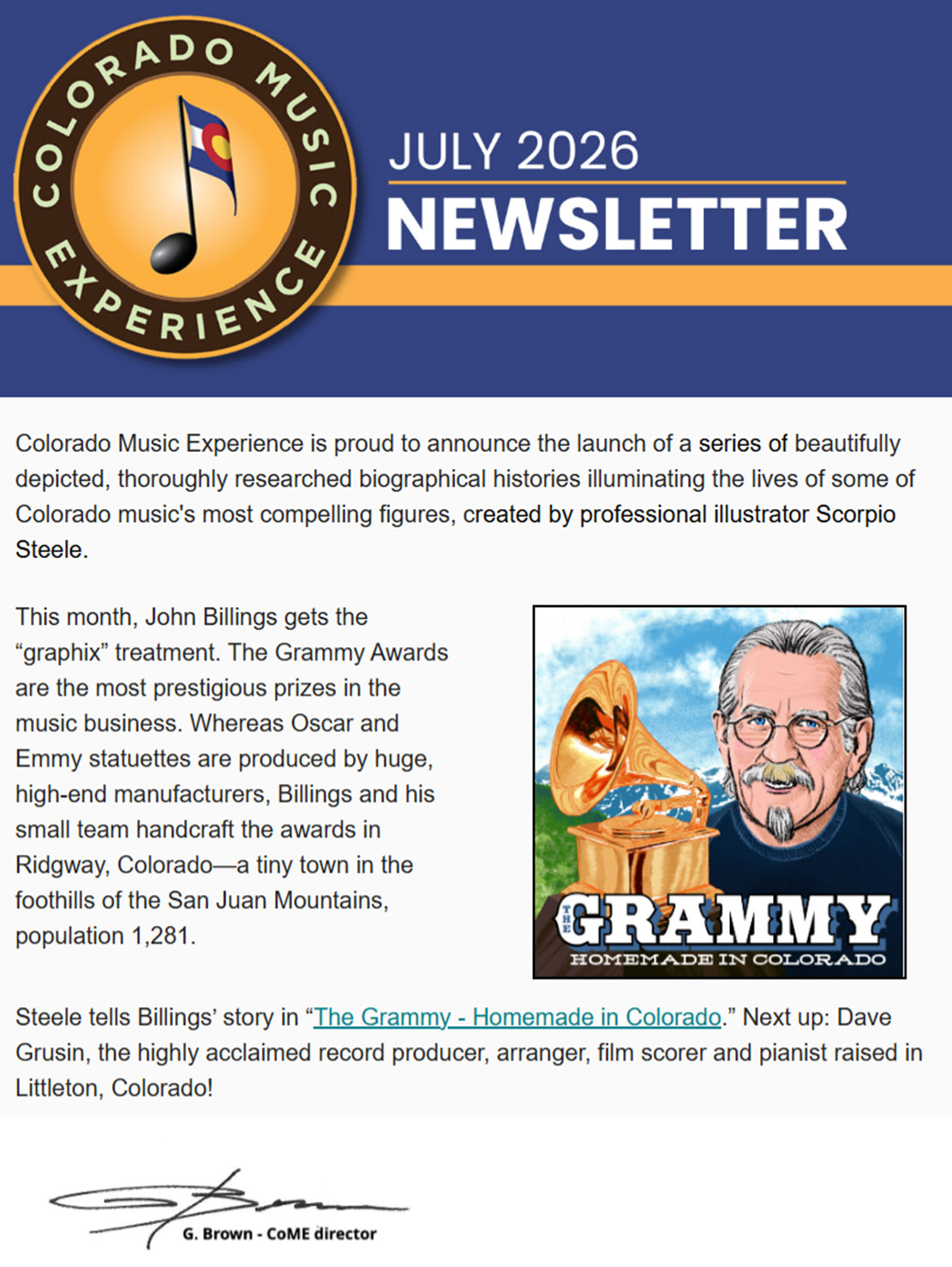 Colorado Music Experience monthly newsletter created by Latchkey Marketing